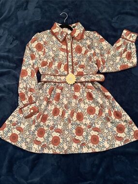 Women’s Rust Floral Belted Shirt Dress